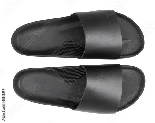 Cuadro en lienzo black slippers path isolated on white top view