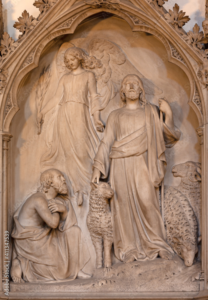 LONDON, GREAT BRITAIN - SEPTEMBER 19, 2017: The marble relief of Jesus as the Good Shepherd in church St Stephen's Rochester Row by G.G. Adams (1855).