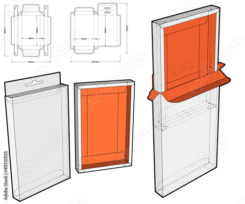 Box with Shelf Hanger Hole and Die-cut Pattern. The .eps file is full scale and fully functional. Prepared for real cardboard production.