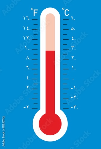 Celsius and Fahrenheit thermometers with Arabic numbers. Flat vector illustration