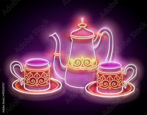Glow Metal Cups and Pot of Turkish Coffee. Cafe Label, Traditional Drink. Neon Poster, Flyer, Banner, Invitation. Glossy Background. Vector 3d Illustration