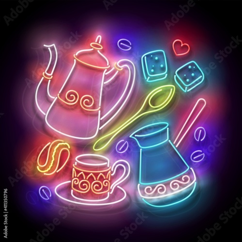 Glow Different Types of Coffee. Cafe Label. Cappuccino, Espresso, Americano, Turkish. Neon Poster, Flyer, Banner, Invitation. Glossy Background. Vector 3d Illustration
