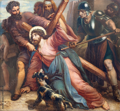 VIENNA, AUSTIRA - OCTOBER 22, 2020: The painting fall of Jesus under the cross in church St. Johann der Evangelist by Karl Geiger (1876).