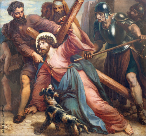 Canvas Print VIENNA, AUSTIRA - OCTOBER 22, 2020: The painting fall of Jesus under the cross in church St