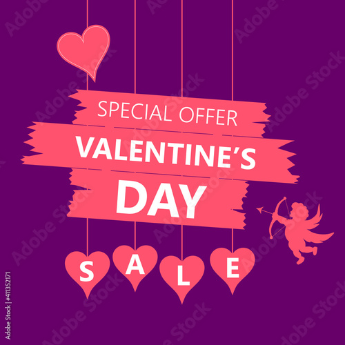 Valentines day sale offer banner template. White text on pink board sign and hearts. Vector illustration in flat style