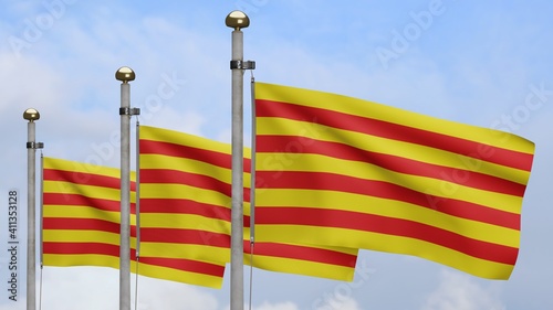 Catalonia flag waving in wind and blue sky. Catalan banner cloth texture blowing