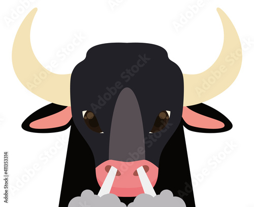 Furious black bull with exhaling smoke, Vector Illustration