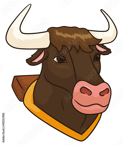 Ox head with yoke and yellow belt, Vector Illustration
