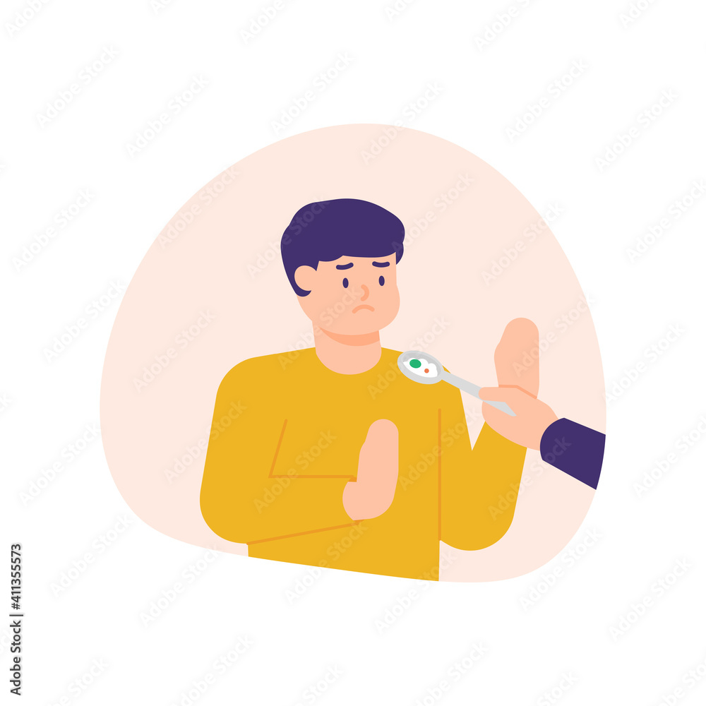 a man refuses a bite of food because he does not want to eat or does not have an appetite. illustrations of people's facial expressions. holding the spoon. feed people. flat style. vector design a man refuses a bite of food because he does not want to eat or does not have an appetite. illustrations of people's facial expressions. holding the spoon. feed people. flat style. vector design