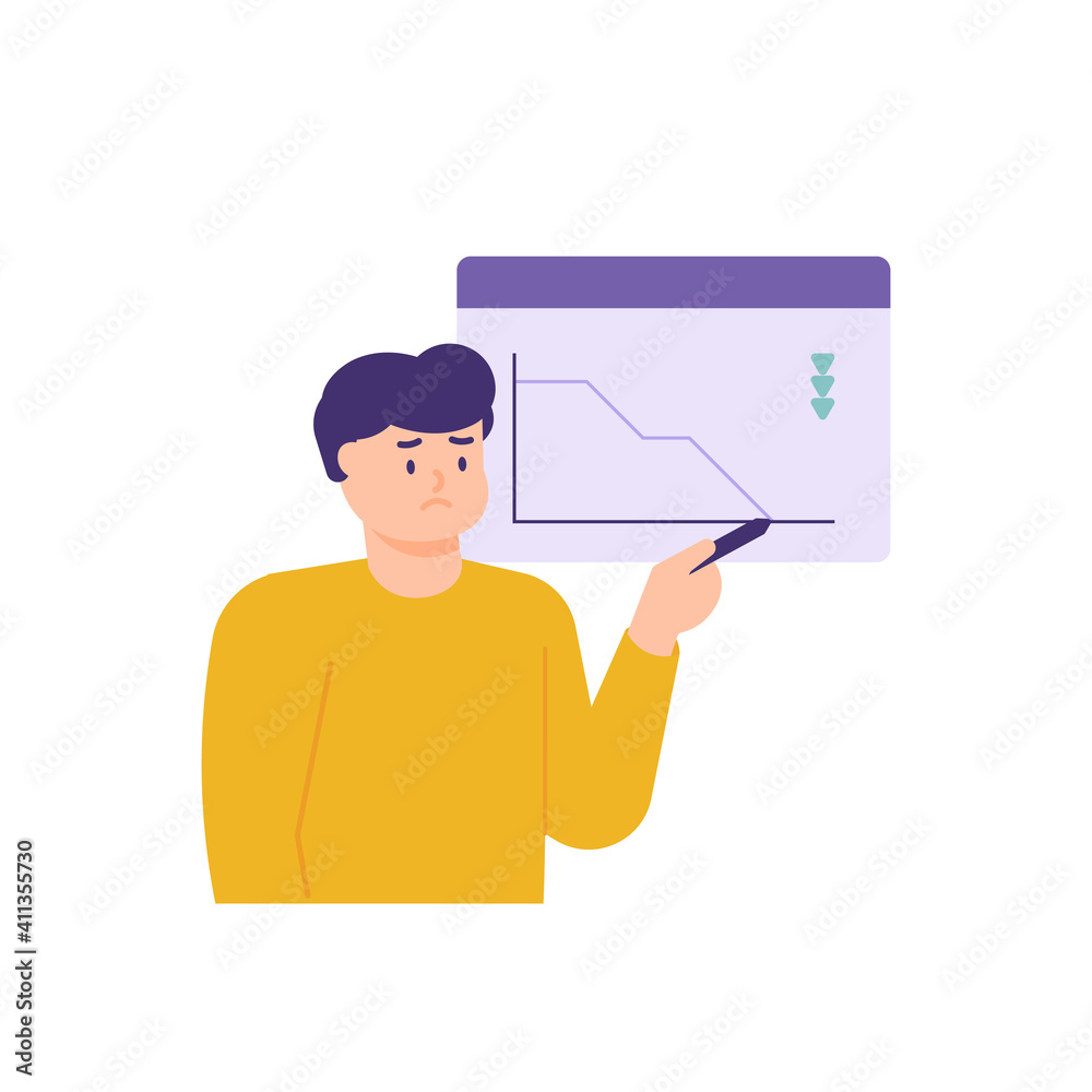 a man is showing or presenting that his income is decreasing or going bankrupt. the data graph dropped dramatically. illustration of the expression of a sad and disappointed man. flat style. vector a man is showing or presenting that his income is decreasing or going bankrupt. the data graph dropped dramatically. illustration of the expression of a sad and disappointed man. flat style. vector