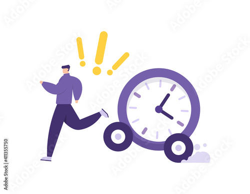 the concept of being chased by time and deadlines, running out of time, time management. illustration of a man running after being chased by a clock or a car. question mark. flat style. vector design 