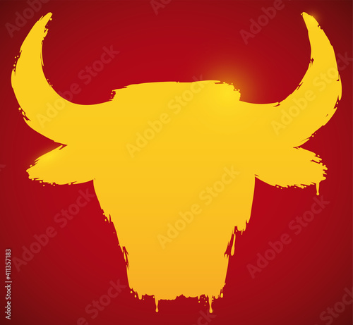 Ox head drawing with golden paint and red background, Vector Illustration