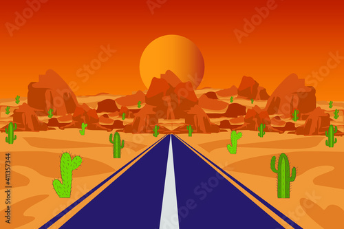 Cactus in desert with mountains and road