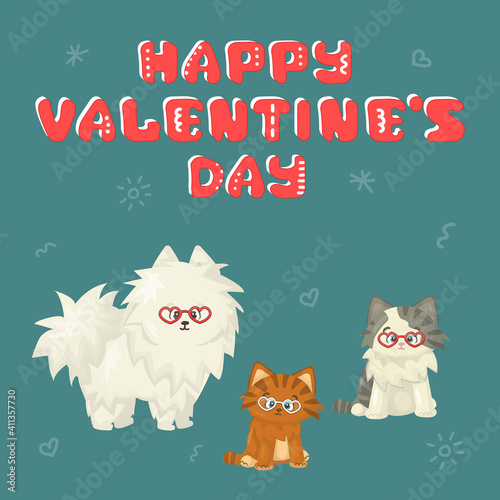 White cartoon isolated vector cute flat dog with two cats on blue or green background. One cat is white and gray, second is red with stripes. Everybody is in heart eyeglasses for Valentines day party photo