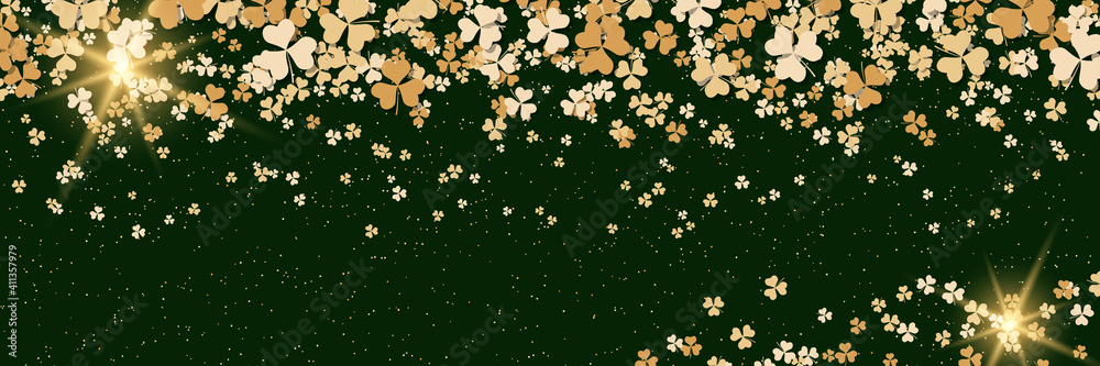 St.Patrick's Day green vector background with golden clover leaves