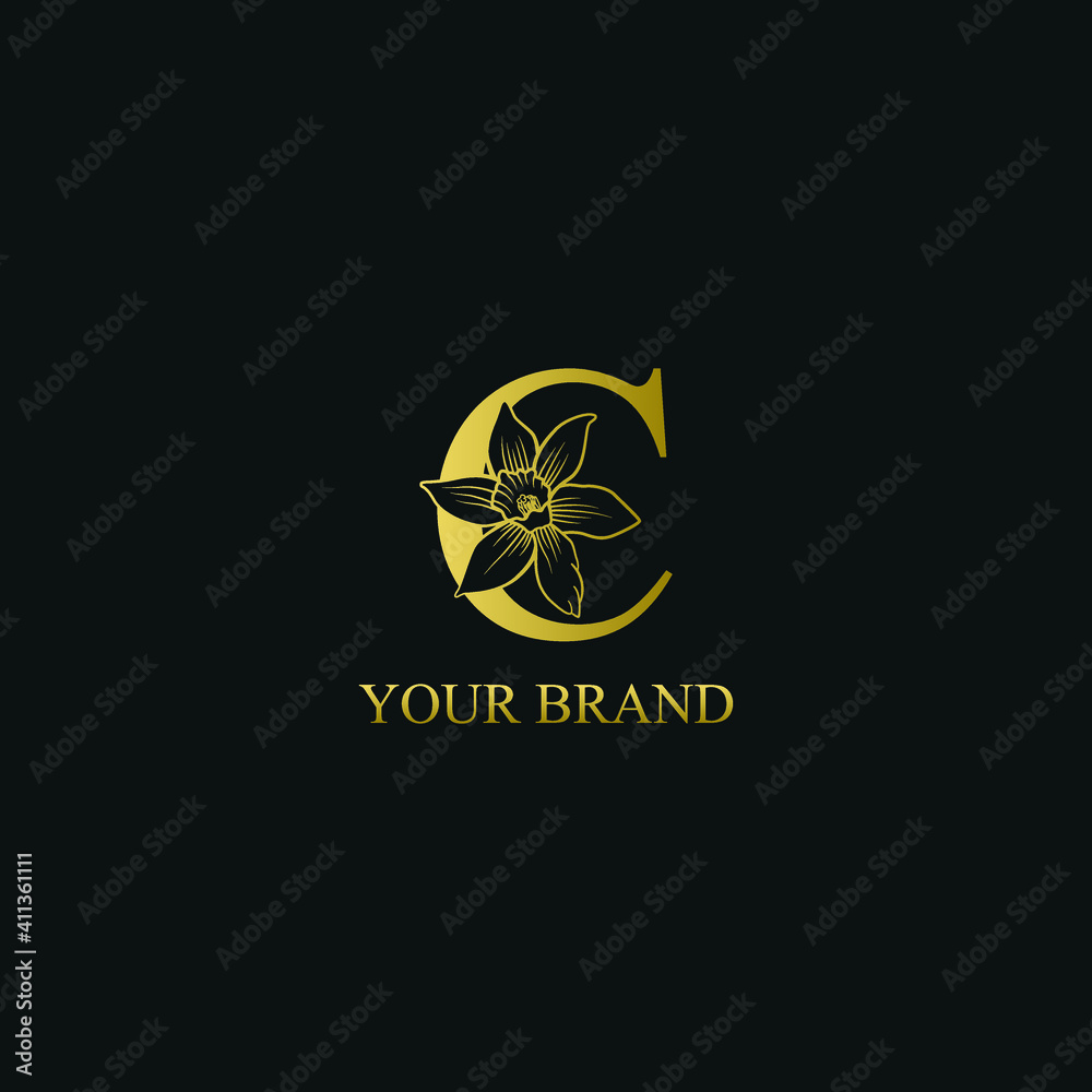 Golden Luxury Initial letter C with March Daffodils narcissus flower for cosmetic, Jewelry, boutique, hotel logo concept vector Golden Luxury Initial letter C with March Daffodils narcissus flower for cosmetic, Jewelry, boutique, hotel logo concept vector