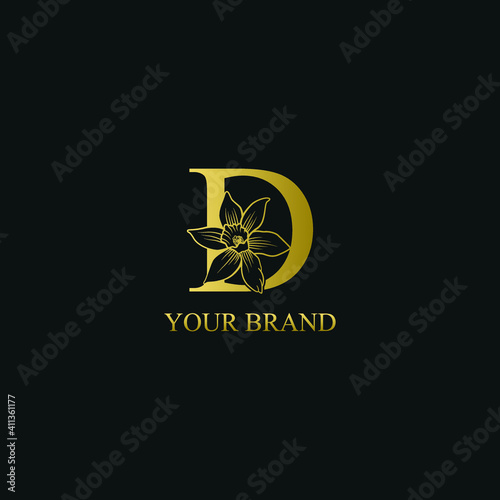 Golden Luxury Initial letter D with March Daffodils narcissus flower for cosmetic, Jewelry, boutique, hotel logo concept vector
