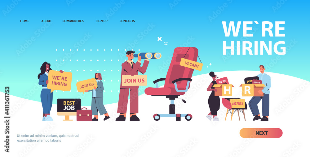 set mix race hr managers holding we are hiring join us posters vacancy open recruitment human resources concept horizontal full length copy space vector illustration set mix race hr managers holding we are hiring join us posters vacancy open recruitment human resources concept horizontal full length copy space vector illustration