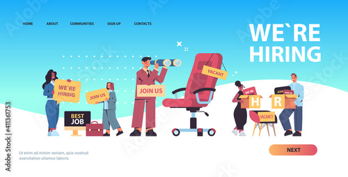 set mix race hr managers holding we are hiring join us posters vacancy open recruitment human resources concept horizontal full length copy space vector illustration