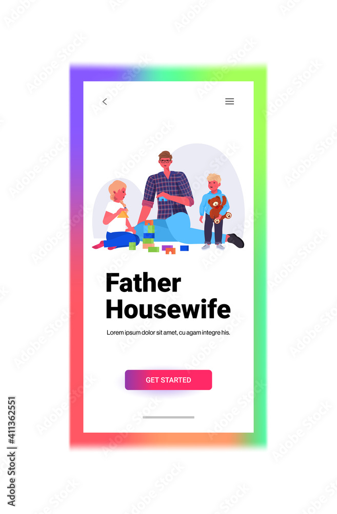 young father playing with little children at home fatherhood parenting concept dad spending time with his kids full length copy space vertical vector illustration