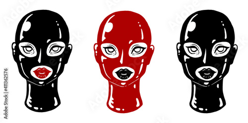 Sexy attractive elegant vintage BDSM girl in latex hood, mask set. Isolated on white background. Graphic erotic illustration collection.