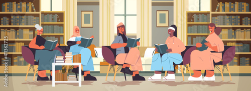 group of mix race women sitting together and reading books modern book club interior horizontal full length vector illustration