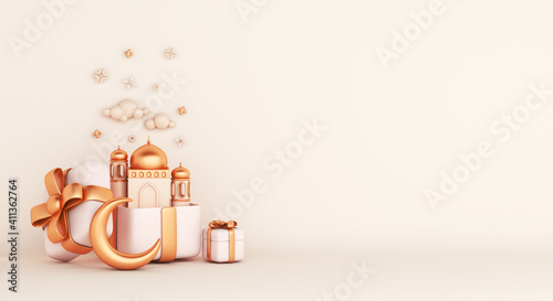 Islamic decoration background with crescent moon mosque gift box cartoon style, ramadan kareem, mawlid, iftar, isra miraj, eid al fitr adha, muharram, copy space text, 3D illustration.