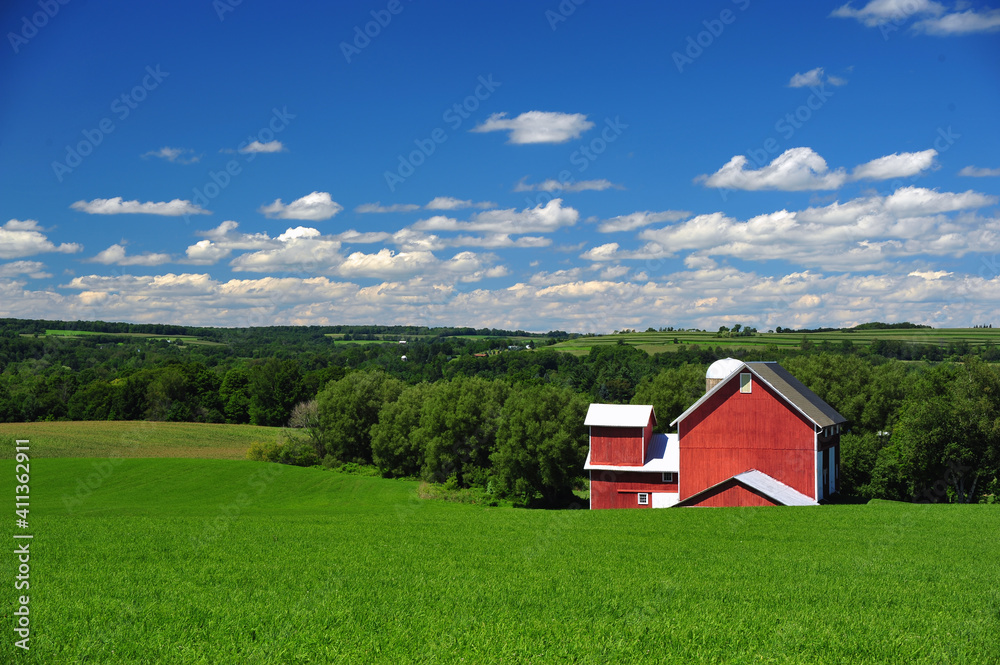 Obraz premium A beautifiul red barn sits on beautiful green and fertile farmland in upper New York State