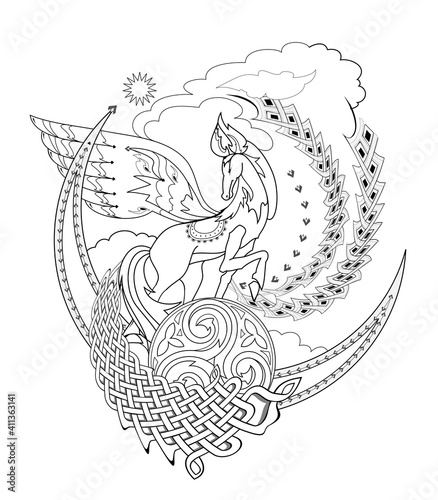 Drawing of fairy tale horse with ethnic decoration. Ancient legend illustration. Black and white page for coloring book. Print for fabric, logo, tattoo. Sheet for drawing and meditation.