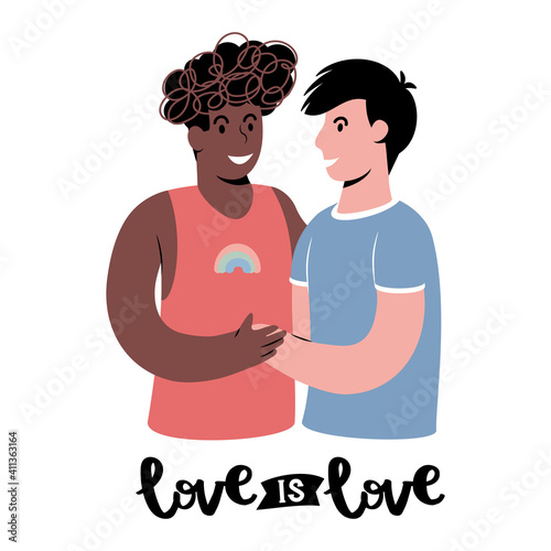 Young interracial gay happy couple portrait