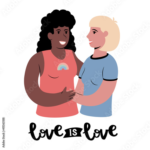 Young interracial lesbian happy couple portrait