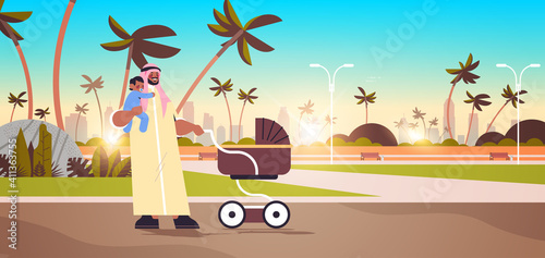 arab father walking outdoor with little baby son fatherhood parenting concept dad spending time with his kid cityscape background horizontal full length vector illustration