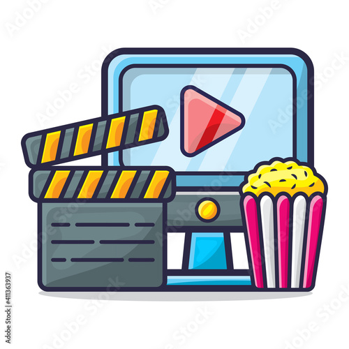 computer , clapper board and popcorn for watching movie concept illustration 