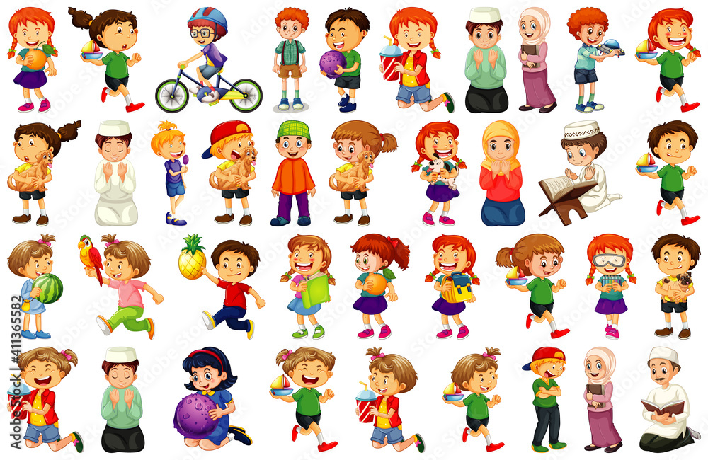 Children doing different activities cartoon character set on white background Children doing different activities cartoon character set on white background
