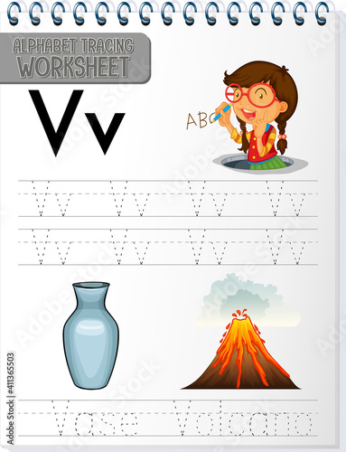 Alphabet tracing worksheet with letter V and v