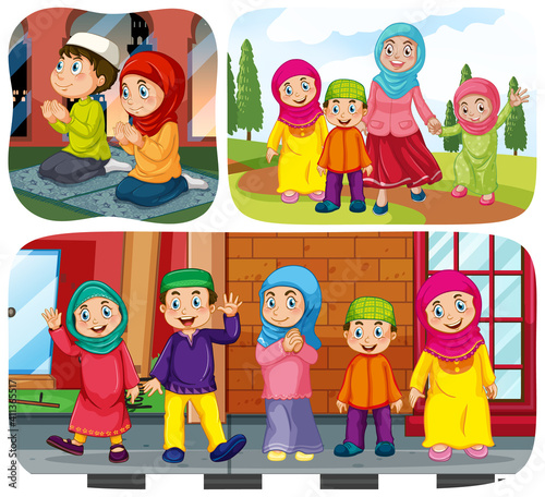 Set of muslim people cartoon character in different scene