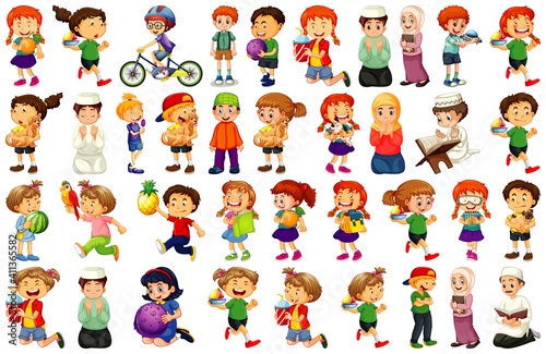 Children doing different activities cartoon character set on white background