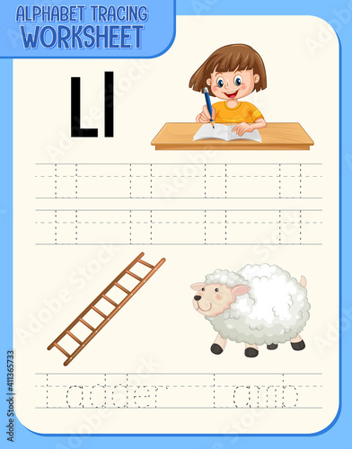 Alphabet tracing worksheet with letter and vocabulary
