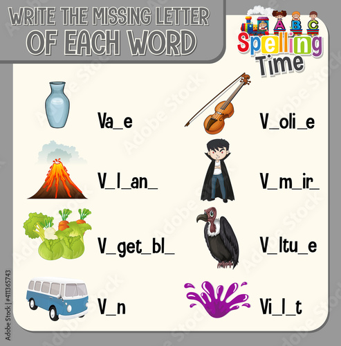 Write the missing letter of each word worksheet for children