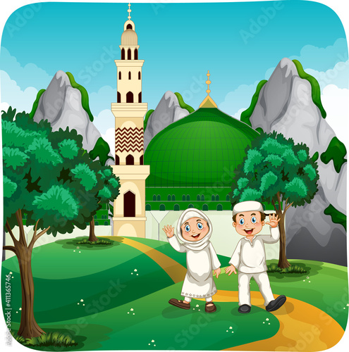 Outdoor scene muslim sister and brother cartoon character