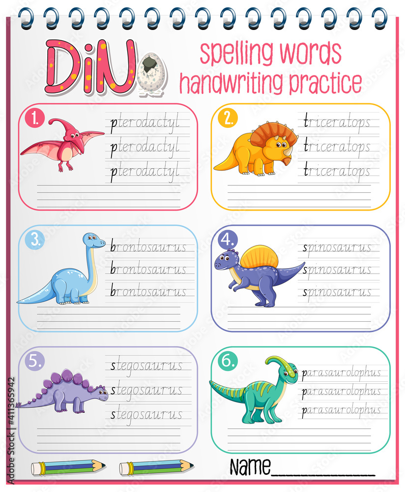 Set of spelling words dinosaur handwriting practice worksheet