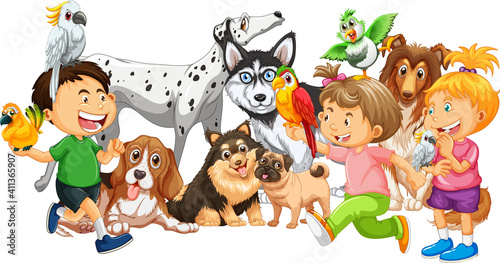 Group of children with their dogs on white background