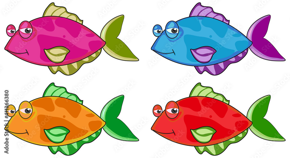Set of many funny fishes cartoon character isolated on white background Set of many funny fishes cartoon character isolated on white background