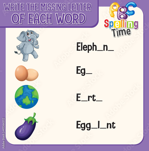 Write the missing letter of each word worksheet for children