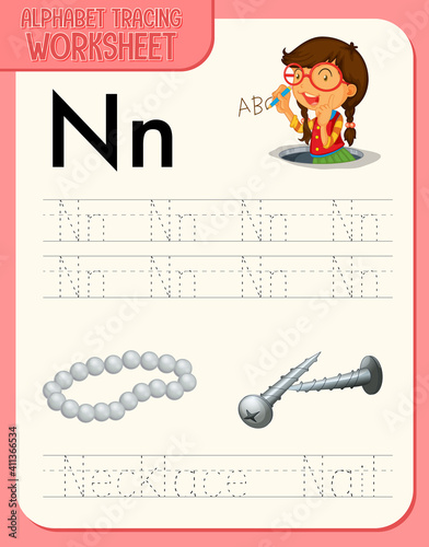 Alphabet tracing worksheet with letter and vocabulary