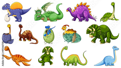 Set of different dinosaur cartoon character isolated on white background