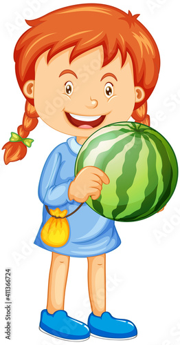 A girl holding watermelon fruit cartoon character isolated on white background