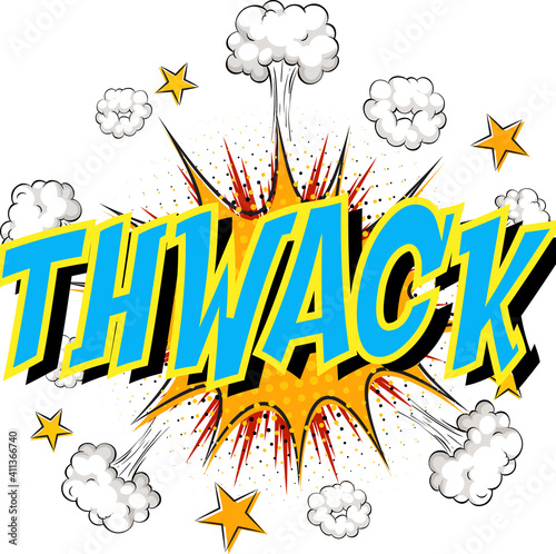 Word Thwack on comic cloud explosion background