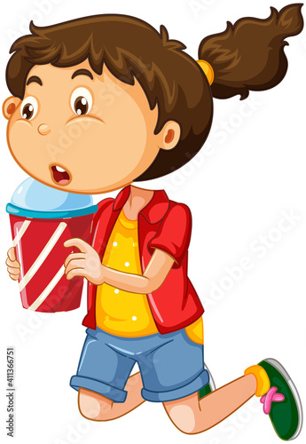 A cute girl holding drink cup cartoon character isolated on white background