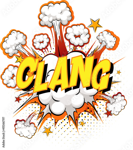 Word Clang on comic cloud explosion background